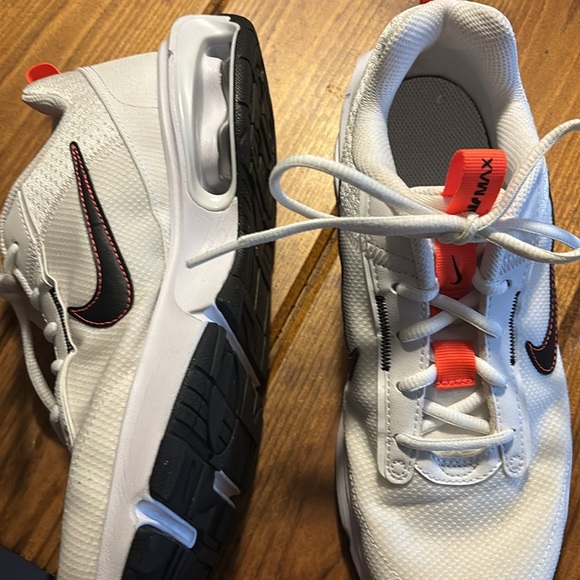 White, orange, and black Nike air max size Y6. Imperfection shown in picture. - Picture 2 of 5
